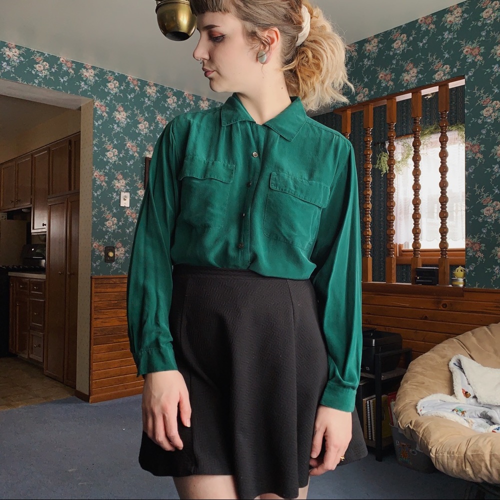 Teal Silk Button Down Shirt